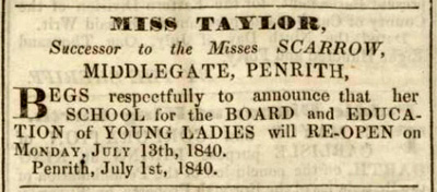 Miss Wright succeed Misses Scarrow, Penrith 1840